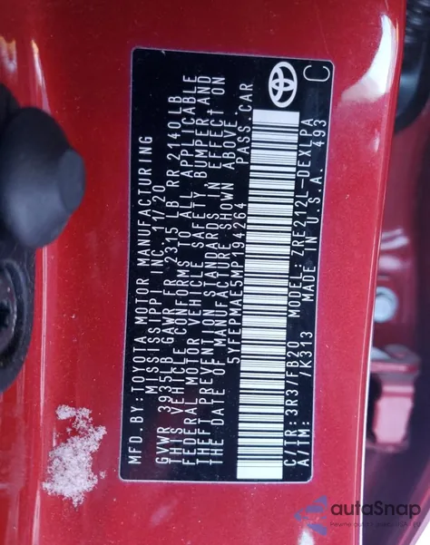 2021 Toyota Corolla Le from USA, damaged, VIN 5YFEPMAE5MP194264